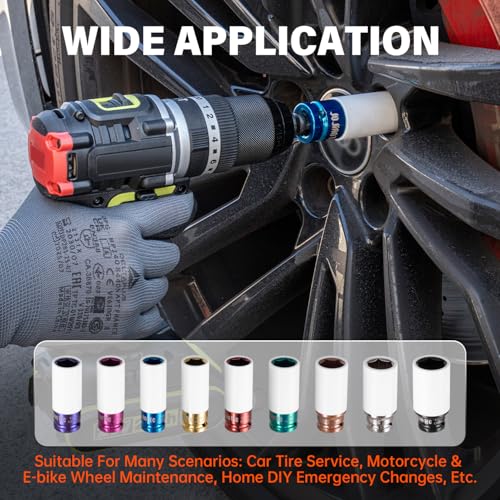9-Piece Impact Lug Nut Socket Set, 1/2" Drive | Metric (17,19,21mm) & SAE (3/4" to 1-1/16"), Thin Wall 6-Point Design, Colored Protective Sleeves, Non-Marring Rim Guard - style: 17 19 21MM ; 3/4",13/16",7/8",15/16",1",1-1/16"