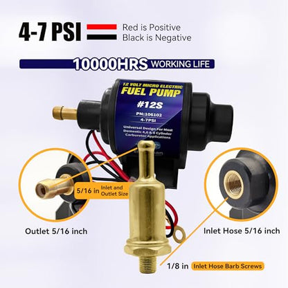 Micro Electric Gasoline Fuel Pump Universal 5/16 inch Inlet and Outlet 12V 1-2A 35GPH 4-7 P.S.I. Operating Fuel Pressure - color: 4-7PSI 35 GPH for Gasoline
