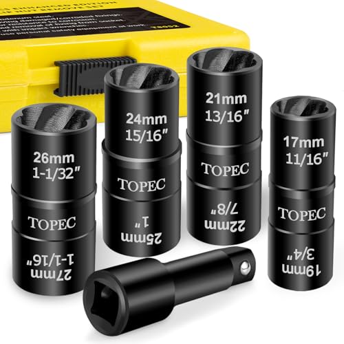Topec Flip Lug Nut Removal Tool, 5 Piece Wheel Lock Removal Kit, 1/2" Drive Lug Nut Remover, 17-27mm Extractor Socket Set for Stripped, Rounded, Damaged Bolts - size: 5PCS 17-27mm