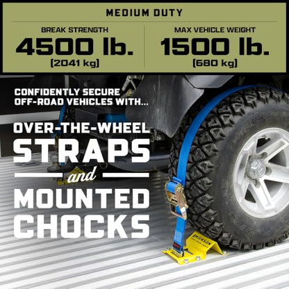Erickson 09160 ATV Wheel Chock & Tie Down Strap Kit | Mounted Double-Slotted E Track, 2 in x 7.5 ft Ratchet Straps - Fits Tires Up To 32 in - Secures UTV, ATV, SxS, Mower & More - style: 2in x 7.5ft - Double Slotted E-fitting