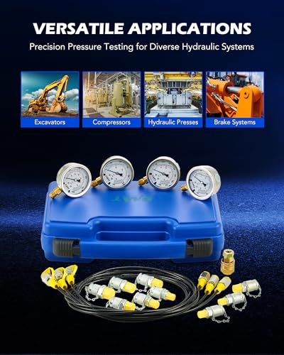 OMT Hydraulic Pressure Test Kit with 4 Gauges Up to 9000 PSI, 9 Couplings | Stainless Steel Dials; Glycerin Shockproof Display; Excavator Maintenance; Heavy Duty Mechanics; 5.2ft Reinforced Tubing - size: 1300 3500 5500 9000 Psi