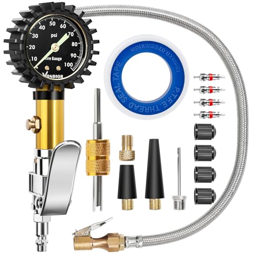 Vondior Tire Inflator with Pressure Gauge (0-100 PSI) with Large 2" Glow Dial- ANSI B40.1 Accurate, Premium Braided Hose, Durable Rubber Cover, Perfect for Car, Truck, Motorcycle, RV - color: Tire Inflator Gauge, size: 0-100 PSI
