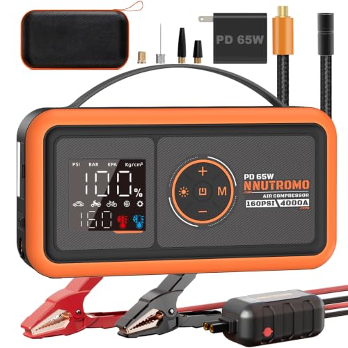 NUTROMO 4000A Jump Starter with Air Compressor, 24000mAh, 65W Charger | True 24000mAh/88.8Wh, 160 PSI auto-stop inflator, 65W USB-C two-way fast charge with PD charger, 10L gas/diesel, Force Start