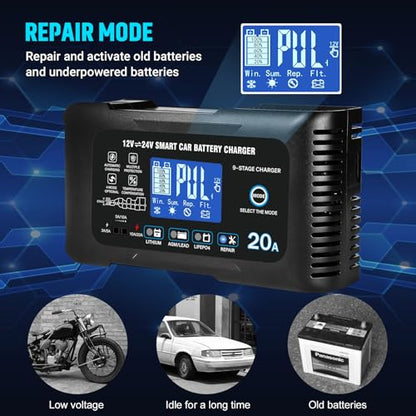 20Amp: 12/24V Smart Car Battery Charger – Automatic Maintainer, Trickle Charger & Desulfator with Overcharge Protection & Temperature Compensation – for Lead-Acid & Lithium & LiFePO4 Batteries - color: Black
