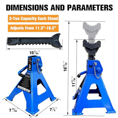 3 Ton Jack Stands Heavy Duty 6,600 LBs, Car Jack Stand for Trucks with Double Pin Locking & Extra Rubber Pads, 11.3"-16.5" Adjustable for Garage, Home,DIY Vehicle Lifting, 1 Pair Blue - size: 3 Ton