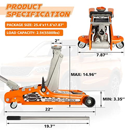 2.5 Ton Steel Floor Jack, Low Profile Hydraulic Racing Floor Jack, Heavy-Duty Racing Floor Jack with Single Piston Lift Pump, Lifting Range 3-3/8" - 14-15/16" - size: 2.5T Single Pump