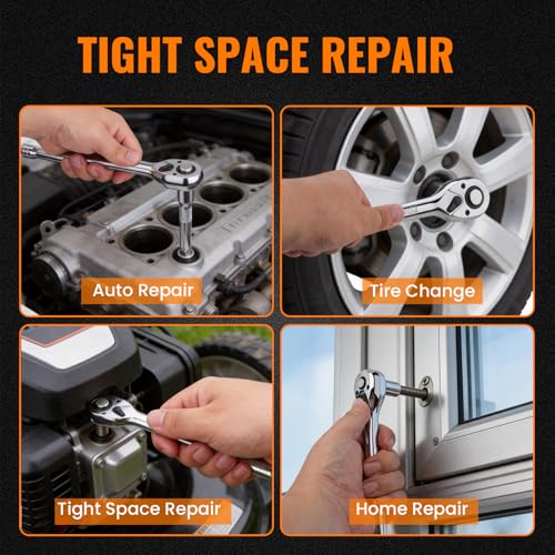 1/4" Drive Ratchet Wrench Set, 90T Quick-Release Reversible Ratchet, Cr-Mo Head with 6" Extension Bar for Automotive, Electronics & Home Repair - size: 1/4"