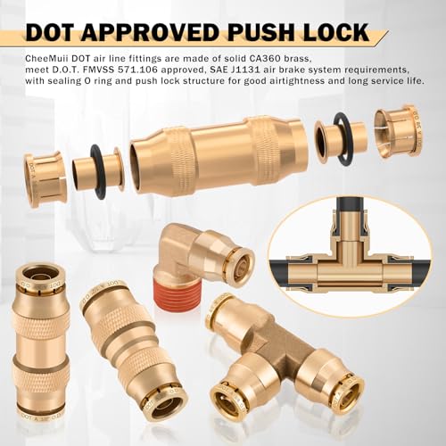 CheeMuii 288 PCS Brass DOT Air Line Fittings Pipe Fittings with 4 Rolls 100FT 1/8" 1/4" 3/8" 1/2" DOT Air Lines Kit Brass Push Lock Air Fittings Compression Air Fittings with Air Hose Pneumatic Tubing - size: 100FT-4ROLL-288PCS