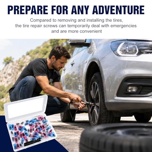 TEAWOO 60 PCS Tire Repair Rubber with 1 Screwdriver, Quick Tire Repair Screws in Tire Plugs Kit, Specially Designed for Motorcycle Truck Tractor and Car Tire Repair Kit(3 Sizes)
