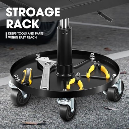 DNA Motoring Rolling Padded Seat Adjustable Height Seat 330lbs Capacity Rolling Mechanic Creeper Stool, W/Tool Storage Drawer & Tray, Black, TOOLS-00601 - style: Round Tray Black