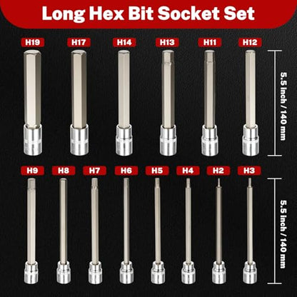 TOMMARS 15-PC Metric Extra Long Hex Bit Socket Set H2-H19 | Extra Long Socket Set, H2-H19, S2 Alloy Steel, 3/8" 1/2" Drive - style: 2-19mm(15PCS)