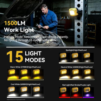 2 Pack LED Work Light, 1500LM COB Rechargeable Magnetic Flashlight | 4000mAh Battery, 15 Modes, UV Light, 360° Rotating Base, Hook & Tripod Mount