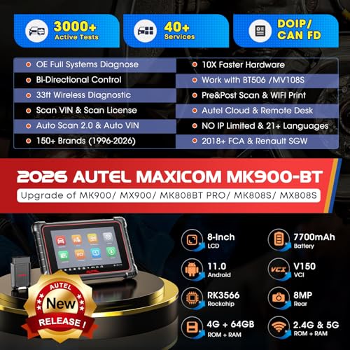 Autel Scanner MaxiCOM MK900BT: 2026 8in MK900-BT V2.0 Bidirectional Scan Tool, 33ft BT Ver. of MK900 MX900 MK808S MK808BT PRO MX808S MK808Z, 40+ Service, 3K+ Active Tests, DOIP CANFD, All System, FCA