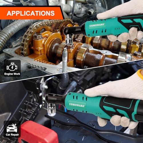 COMOWARE 3/8 Cordless Electric Ratchet Wrench Kit, 40ft-lbs Torque, 12V Power, 8 Sockets, LED Light, Fast Charger, Ergonomic Design | 12V Power, Electric Socket Wrench, LED Light,Lightweight & Compact, Fast Charger, Ergonomic Design