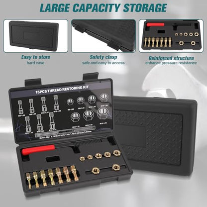 15-Piece Metric Thread Chaser Set, M6 M8 M10 M12 Thread Restorer Tool, Rethreading Repair Kit with Taps, Dies, and Files