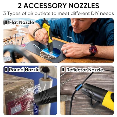 ROMECH 350W Heat Gun with 2 Nozzles, Dual Temp Heat Gun 400°F-660°F, Fast Heat Hot Air Gun with Overload Protection for DIY Craft Embossing Shrink Wrapping (Yellow) - color: Yellow