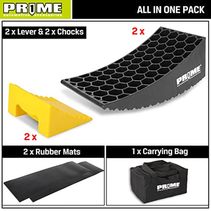 PR1ME RV Leveling Blocks, Heavy Duty Camper Leveler Kit, 2 Pack Curved RV Levelers with Anti-Slip Mats & Wheel Chocks, Faster Leveling System for Travel Trailer, Motorhome & Dual Axles - size: Height to 4 inch