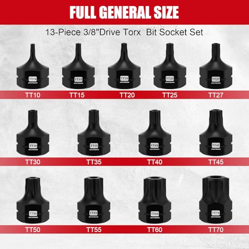 MIXPOWER 13-Piece 3/8" Drive Stubby Impact Torx Bit Socket Set,TT10-TT70, S2 Steel Air Drive Low Profile Socket Set,Impact Grade,Anti-Roll Design - size: 13 PCS 3/8"Drive:TT10-TT70