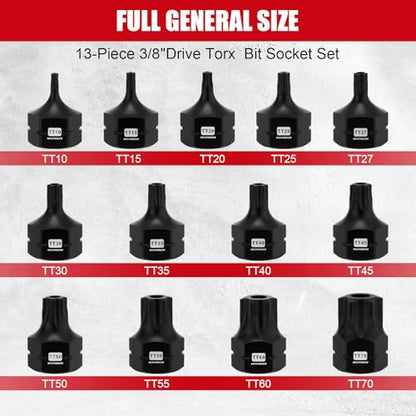 MIXPOWER 13-Piece 3/8" Drive Stubby Impact Torx Bit Socket Set,TT10-TT70, S2 Steel Air Drive Low Profile Socket Set,Impact Grade,Anti-Roll Design - size: 13 PCS 3/8"Drive:TT10-TT70