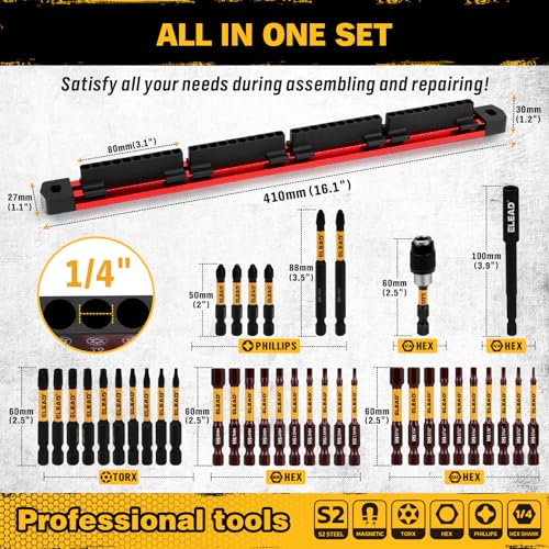 ELEAD 38-Piece Hex | Torx | Phillips Screwdriver Bit Set with 2.5” & 4” Bit Holder, Magnetic Bit Storage Rail, Allen Wrench Drill Bit Set, Tamper Proof Star Bit Set, S2 Steel - style: 38-Piece