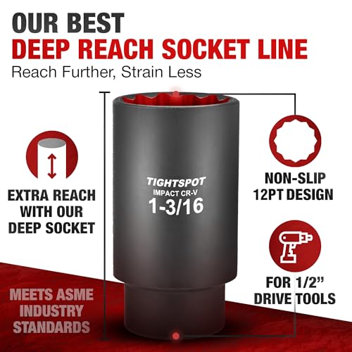 TIGHTSPOT 1/2" Dr 1 3/16 Inch Deep Socket, Anti-Round 12-Pt, CRV Steel - size: 1/2” Drive 1 3/16” Deep Impact Socket - 12pt, style: 1/2" Drive Deep Socket