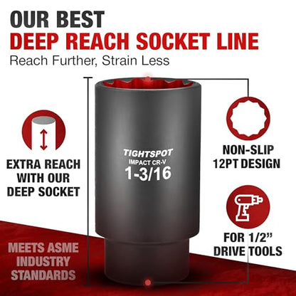 TIGHTSPOT 1/2" Dr 1 3/16 Inch Deep Socket, Anti-Round 12-Pt, CRV Steel - size: 1/2” Drive 1 3/16” Deep Impact Socket - 12pt, style: 1/2" Drive Deep Socket