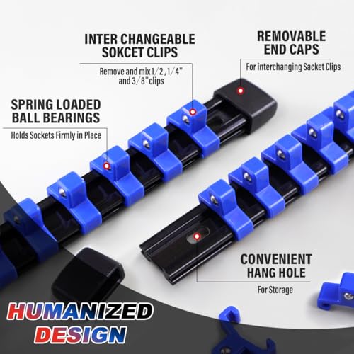 3-Piece Socket Organizer Rail Set, Heavy Duty Socket Holder for 1/4", 3/8", 1/2" Drive, 43 Clips Spring Loaded Ball Bearings for Metric & SAE Sockets, Portable Tool Tray for Toolbox Drawer - size: 3 Pcs