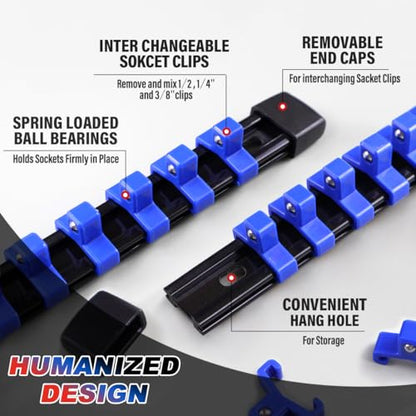 3-Piece Socket Organizer Rail Set, Heavy Duty Socket Holder for 1/4", 3/8", 1/2" Drive, 43 Clips Spring Loaded Ball Bearings for Metric & SAE Sockets, Portable Tool Tray for Toolbox Drawer - size: 3 Pcs