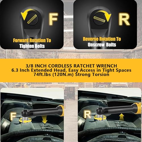 Cordless Ratchet Wrench, 3/8 in Electric Ratchet with 74ft.lbs Torsion and 6.3 in Extended Head, for Automotive Repair, with Adapters and Extension Bar