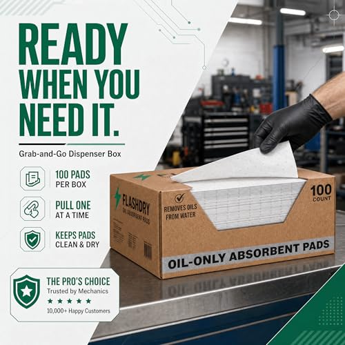 FlashDry Oil Absorbent Pads, High Absorbency 17.5” x 13.5”, 100 Count | Oil absorbing sheets, Water-Repellent, Tear-Resistant, Premium Mats, Ideal for Garage, Driveway, Automotive, Marine Use - size: 100 Pads - 2mm