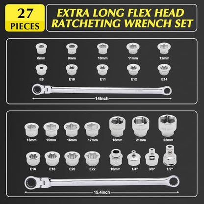 EMENTOL 27PCS Extra Long Flex Head Ratcheting Wrench Set, CR-V, Double Box End Ratchet Wrench Set with 8mm - 22mm, E8 - E22, 1/4", 3/8", 1/2" Socket Adapters Replacement Heads