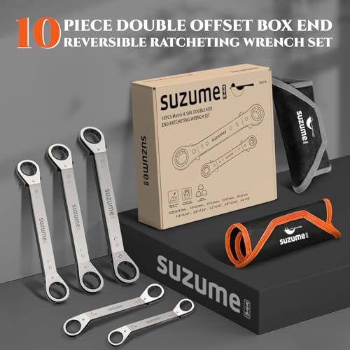 SUZUME Offset Ratcheting Wrench Set, 10-Piece Metric & SAE (6–21mm, 1/4″–7/8″) Double Offset Reversible Box End, 25° for Tight Engine Bay Repairs, Rolling Pouch - size: SAE & Metric