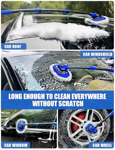 15°Curved Car Wash Brush with Long Handle Kit, 55-Inch 4-Section Extendable Pole with Replacement Head, Chenille Mitt, Tire & Wheel Hub Brushes, Towel, Storage Bag for Car, RV, Truck [Scratch Free]