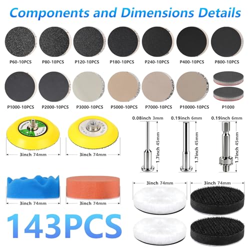 143 PCS 3 in Drill Polishing Kit 60-10000 Grit Hook and Loop Sanding Discs | Wet Dry, Hook and Loop Sanding Discs, Headlight Restoration Kit, Sandpaper Pads, Rotary Tools, for Wood, Metal, Glass - style: 3 IN