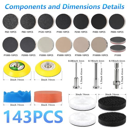 143 PCS 3 in Drill Polishing Kit 60-10000 Grit Hook and Loop Sanding Discs | Wet Dry, Hook and Loop Sanding Discs, Headlight Restoration Kit, Sandpaper Pads, Rotary Tools, for Wood, Metal, Glass - style: 3 IN