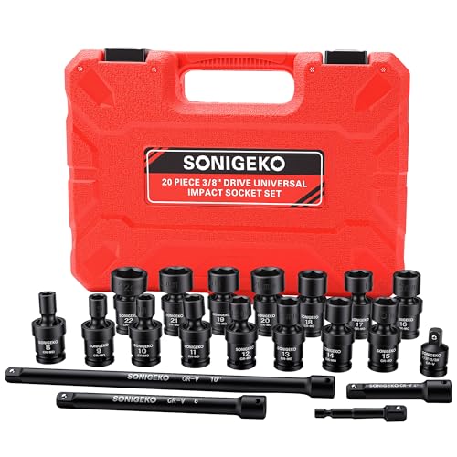 20-Piece 3/8" Drive Impact Swivel Socket Set, CR-Mo, Metric Universal Joint Socket 8mm-22mm, 6-Point, Comes with Extension Bars, Universal Joint, 1/2" to 3/8" & 1/4" to 3/8" Reducer Adapters - size: 20 PCS, 3/8" Socket set, Swivel