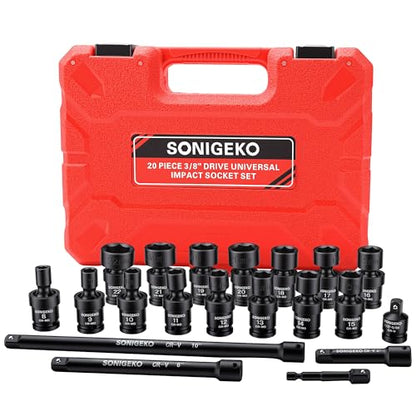 20-Piece 3/8" Drive Impact Swivel Socket Set, CR-Mo, Metric Universal Joint Socket 8mm-22mm, 6-Point, Comes with Extension Bars, Universal Joint, 1/2" to 3/8" & 1/4" to 3/8" Reducer Adapters - size: 20 PCS, 3/8" Socket set, Swivel