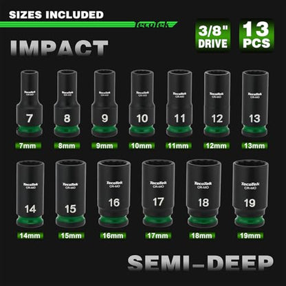 TecoTek 3/8-Inch Drive 12-Point Metric Semi-Deep Impact Socket Set, Mid-Length Socket Set, 7mm to 19mm, CR-MO, Stamped and Ink Filled Size Marking, 13-Piece - size: 7mm to 19mm