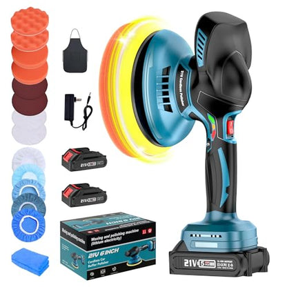 Cordless Car Buffer Polisher, 6 Inch Dual Action Polisher Kit With 2Pcs 21V 4.0Ah Rechargeable Battery, 6 Variable Speed 5500RPM Car Buffer Polisher For Car Detailing, Polishing, Waxin