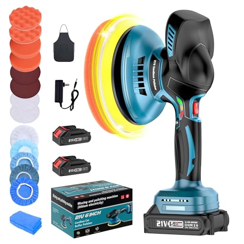 Cordless Car Buffer Polisher, 6 Inch Dual Action Polisher Kit With 2Pcs 21V 4.0Ah Rechargeable Battery, 6 Variable Speed 5500RPM Car Buffer Polisher For Car Detailing, Polishing, Waxin