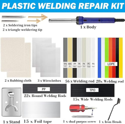 100W Plastic Welding Kit 2 in 1 with 121pcs Rods | Professional Surface Repair Tool for Car Bumper with 4 Welding Tips, Patch Net,Hot Iron Stand,Wire Brush,Metal Stand