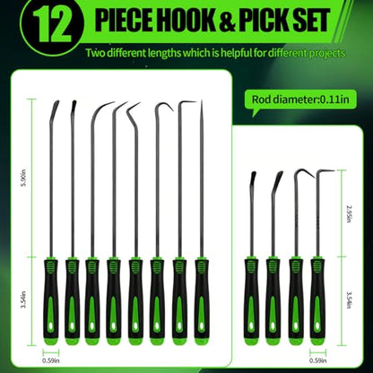 12 Pcs Pick and Hook Tools Set, Automotive Pick Tool Set with Non-Slip Grip, Long and Short Automotive Picks Sets for Auto Oil Seal/O-Ring Gasket Removal Remover, Car Repair and DIY Use
