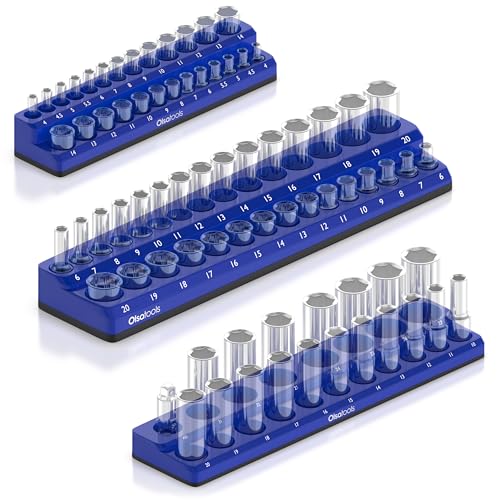 Olsa Tools Magnetic Socket Organizer - 3-Piece Drive Metric Socket Holder Set with Strong Magnets - Professional Tool Holder and Organizer - Stores up to 75 Sockets - Blue - Part: 1149 - color: Blue, Metric, size: 3 Piece Set - 1/4-Inch, 3/8-Inch, & 1/2-I