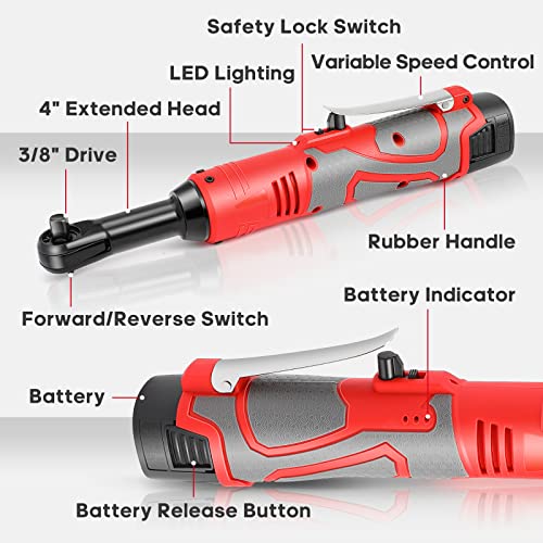Cordless Electric Ratchet Wrench, 3/8" 18V Electric Ratchet Wrenches Set, 45 ft-Lbs 400RPM Cordless Ratchet Wrench with 2 Pack 2000mAh Lithium-Ion Battery, 7 Sockets Wrench and Charger