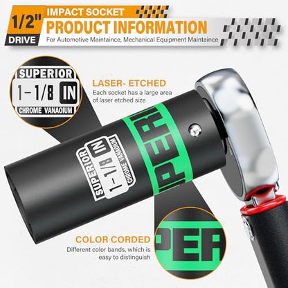 1/2" Drive Impact Socket, 1-1/8 inch Deep Socket, SAE, 6 Point, CR-V, for Car Repair, Loosen the Fastening Nut - size: 1/2" Drive 1-1/8 Inch Deep