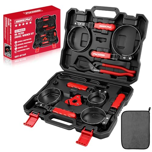 10-Piece Oil Filter Wrench Set 2-3/8"to 4-3/4", 12-Inch Adjustable Oil Filter Plier, Universal 3-Jaw Oil Filter Wrench, 1/2"Quick Release Ratchet Handle, 1/2"-3/8" Adapter, Towel in Storage Case - style: New Version