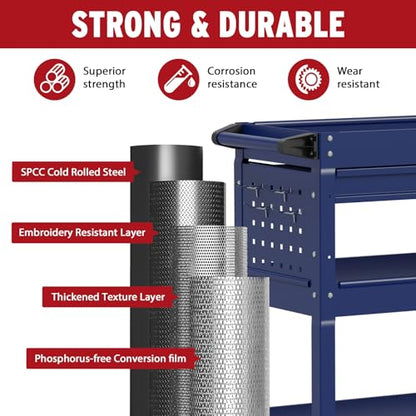 3 Tier Rolling Cart, Heavy Duty Utility Industrial Service Carts on Wheels, Metal Tool Cart with Locked Drawers, Ideal for Garage, Warehouse and Repair Shop（Blue） - color: Blue