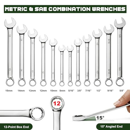 Prostormer Mechanics Tool Set with SAE & Metric Sockets, Green | 279-Piece, Chrome-Vanadium Steel, 1/2", 3/8" Quick-Release Ratchets for Auto and Machine Repairs - color: Green