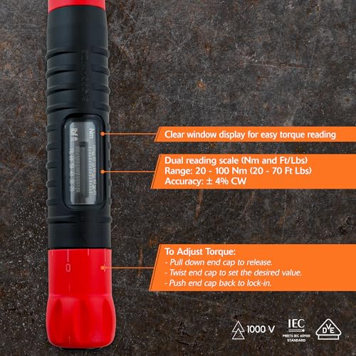 Dynamic 3/8" Drive Insulated Torque Wrench, 20-70 ft. lbs./20-100 Nm Range, Electrical Protection Up To 1,000V, Click Torque Wrench