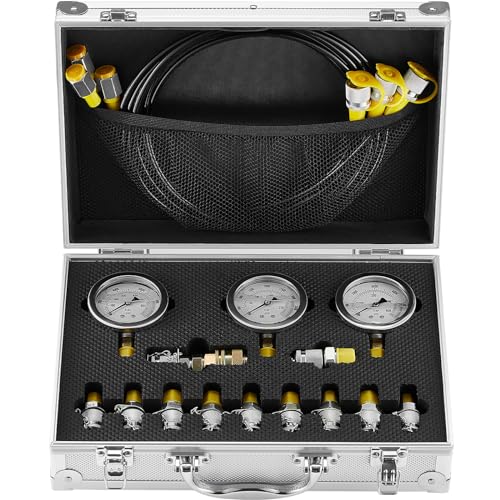 Hydraulic Pressure Test Kit, 250/400/600bar, 3 Gauges 11 Test Couplings 3 Test Hoses, Excavator Hydraulic Test Gauge Set with Portable Carrying Case for Excavator Tractors Construction Machinery | Excavator Hydraulic Test Gauge Set with Portable Carrying